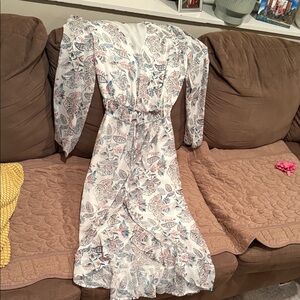 Aqua Long Sleeve White Dress with Floral Pattern